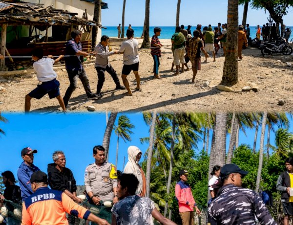 Bhabinkamtibmas Bersama Warga Bantu Evakuasi Kapal Ikan Tenggelam di Pantai Kebila