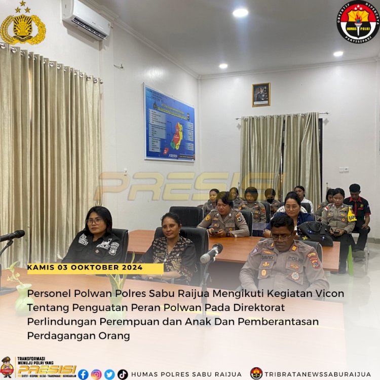 Personel Polwan Polres Sabu Raijua Mengikuti Keigatan Vicon Tentang Penguatan Peran Polwan pada direktorat Perlindungan Perempuan dan Anak Dan pemberantasan perdagangan Orang.