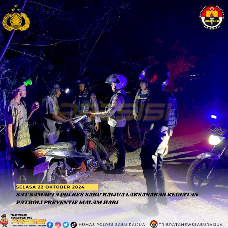 Sabu Raijua, Sat samapta melaksanakan Patroli Rutin jelang Pilkada 2024 pada malam hari dalam rangka Pencegahan Gangguan Kamtibmas di Wilkum Polres Sabu Raijua.