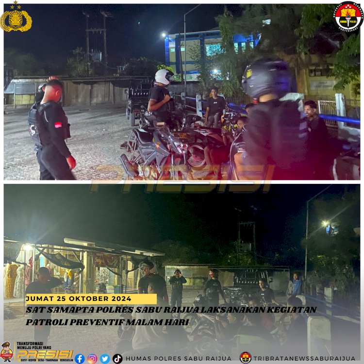 Sat samapta Polres Sabu Raijua melaksanakan Patroli Rutin jelang Pilkada 2024 pada malam hari dalam rangka Pencegahan Gangguan Kamtibmas di Wilkum Polres Sabu Raijua.