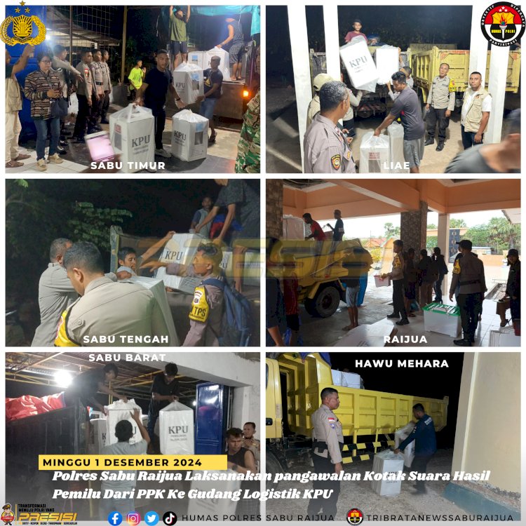 Anggota Polres Sabu Raijua melaksanakan tugas pengawalan kotak suara yang berisi hasil rekapitulasi suara pemilu dari PPK (Panitia Pemilihan Kecamatan) ke gudang logistik KPU (Komisi Pemilihan Umum).