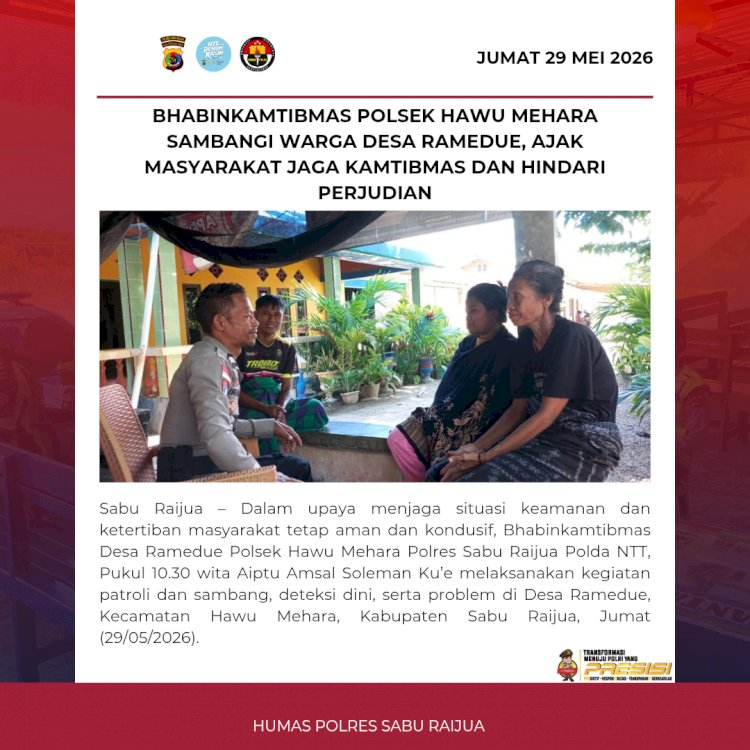 Bhabinkamtibmas Polsek Hawu Mehara Sambangi Warga Desa Ramedue, Ajak Masyarakat Jaga Kamtibmas dan Hindari Perjudian