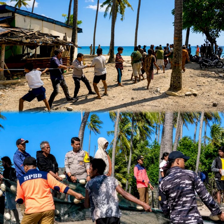 Bhabinkamtibmas Bersama Warga Bantu Evakuasi Kapal Ikan Tenggelam di Pantai Kebila