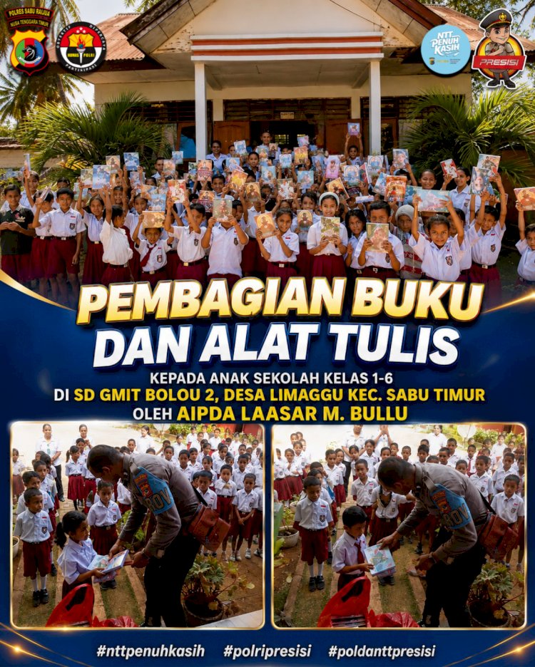 NTT Peduli Kasih, Aipda Laasar Bullu Bagikan Buku dan alat Tulis di Wilayah Sabu Timur