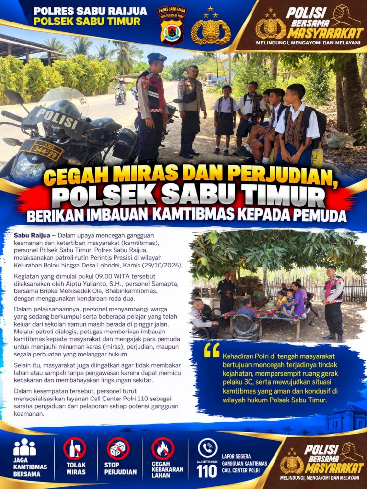Cegah Miras dan Perjudian, Polsek Sabu Timur Berikan Imbauan Kamtibmas kepada Pemuda